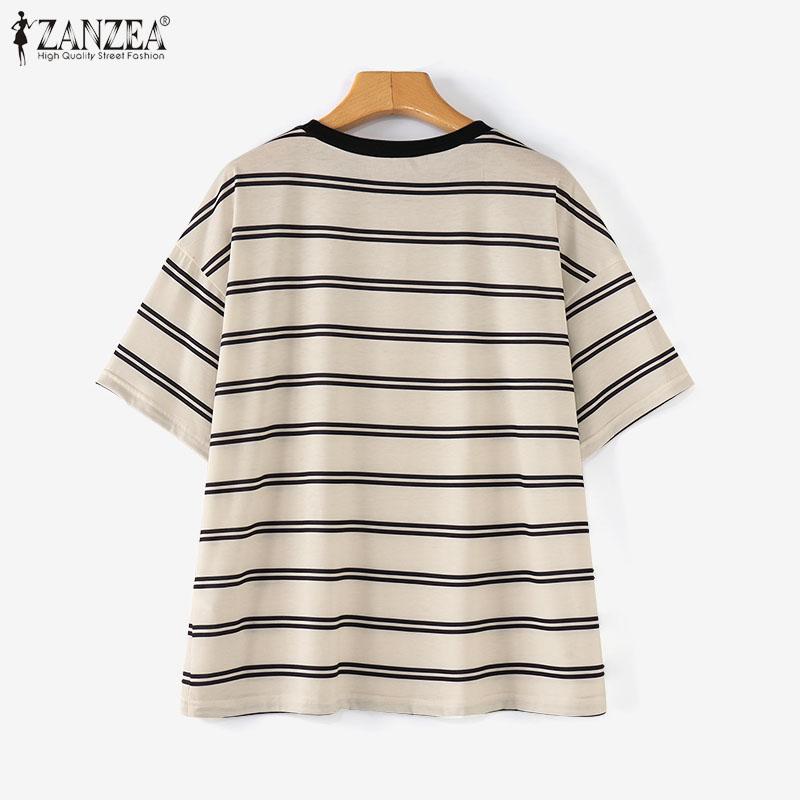 ZANZEA Women Summer Casual Round Neck Striped Short Sleeve Pajama Blouse
