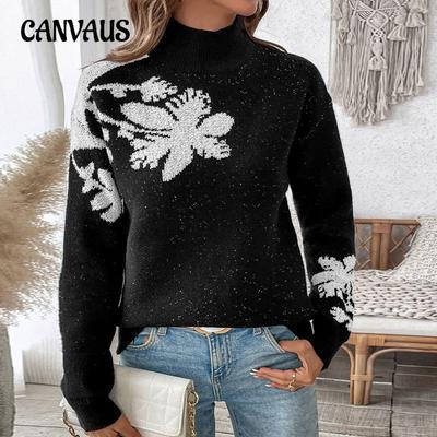 Autumn and Winter Knitwear Women's High Neck Fashion Collision Jacquard Pullover Sweater