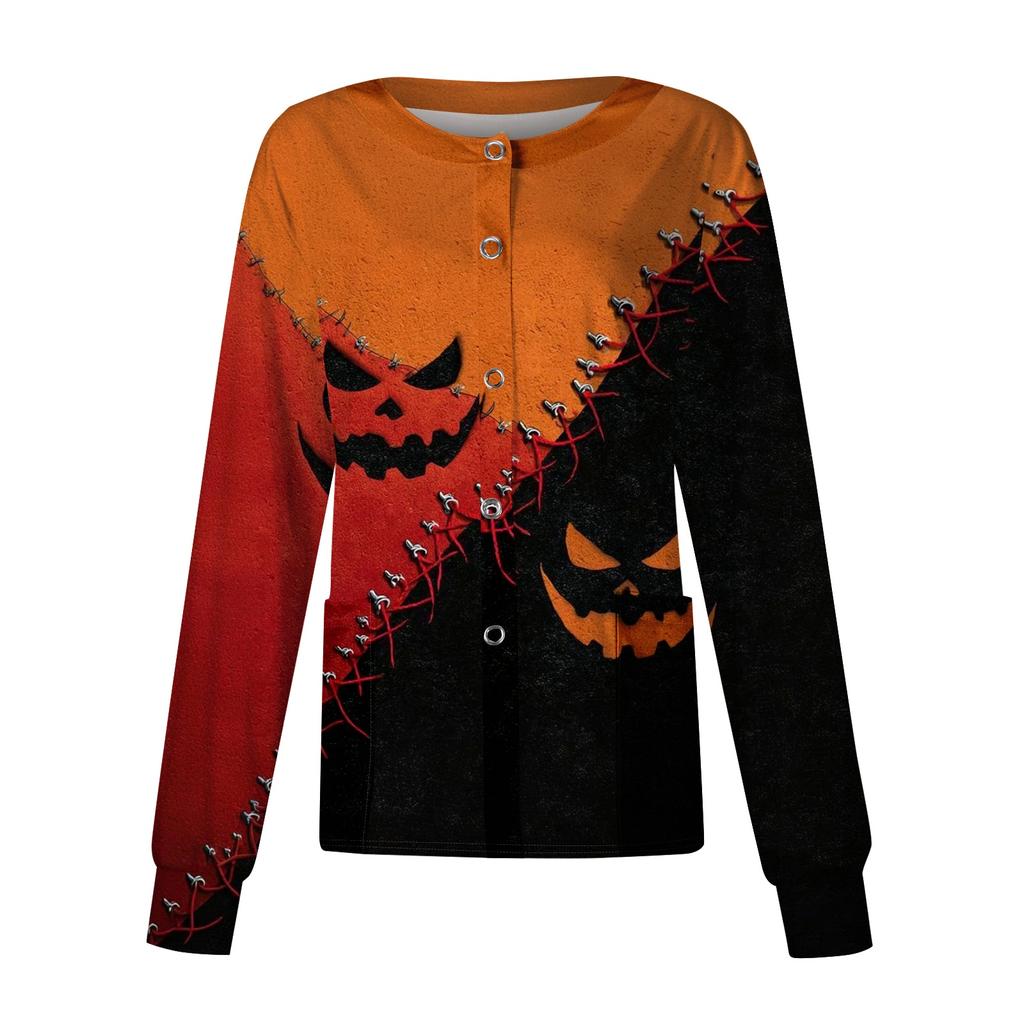 Womens Long Sleeve Button Front Cardigan Halloween Print Spider Web Pattern Lightweight Knit Top for Casual Wear and Work Uniform