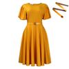 Women's summer fashion bubble sleeves elegant high waist solid color round neck large skirt dress