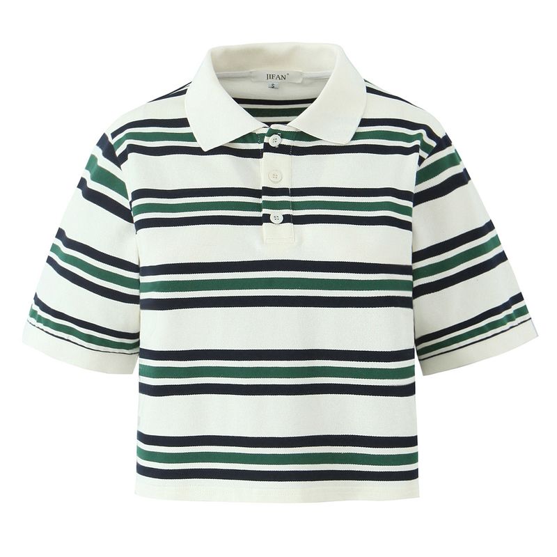 Spring New Collection Women's Clothing European and American Style Fashionable Versatile Celebrity Style Horizontal Striped Polo Short-Sleeve T-Shirt