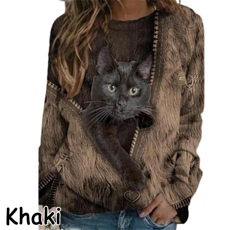 Plus Size Fashion Women's Round Neck Long Sleeve Shirts Basic Lightweight Pullover Tops Casual Cartoon Cat Printed Blouses