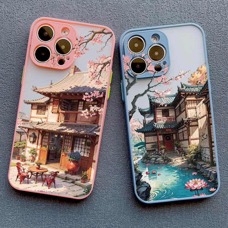 Vintage Oil Painting House Phone Case For iPhone 16 15 7 8 Plus SE2 XR XS X 11 13 12 Pro MAX Mini 14 Pro Max Flower Cover