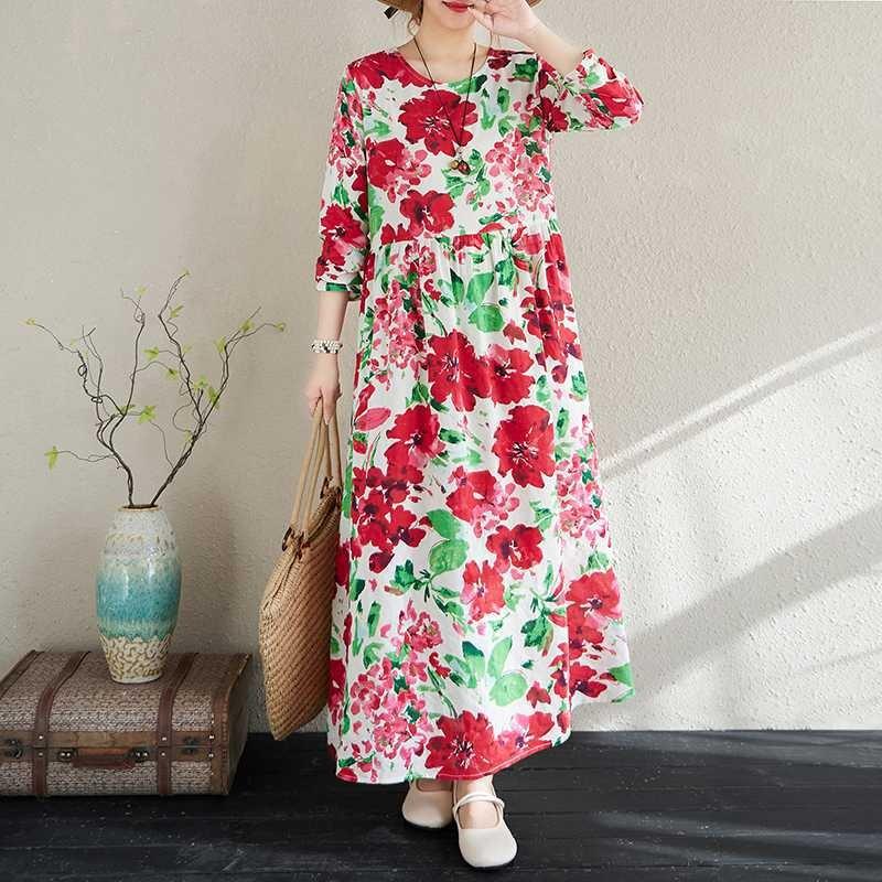 2025 New Floral Vacation Style Travel Round Neck Vintage Dresses