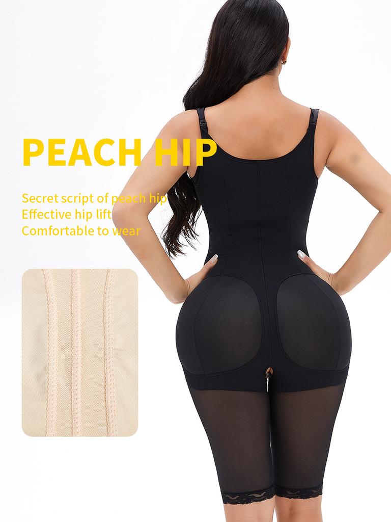 Plus Size Extended Strap Bodysuit Shapewear, Front Zipper Hook Tummy Control Butt Lifter