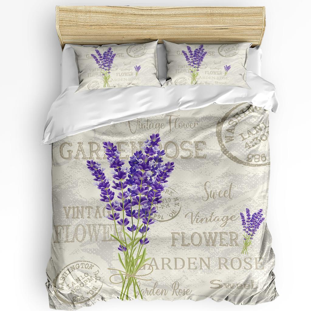 Blomma Lavendel Vattenkokare Vintage Vykort Trä Påslakan Med Örngott 3st Sängkläder Set Täcke Dubbelsäng Hemtextil