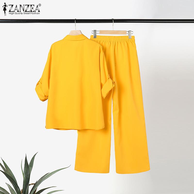 ZANZEA Two Piece Sets Women Long Sleeve Shirt Tops And Long Pants Wide Leg Trousers Casual Loose Suits Plus Size