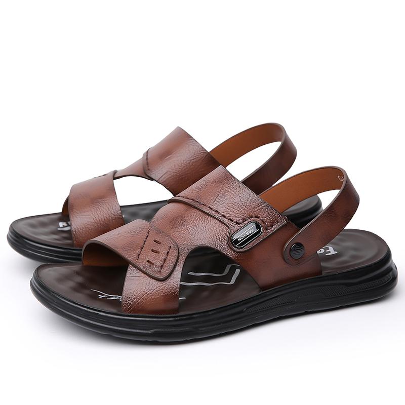 Men Brown Flats Slippers Summer Grey Wide Head Sandals Retro Black Leather Beach Shoes Plus Size