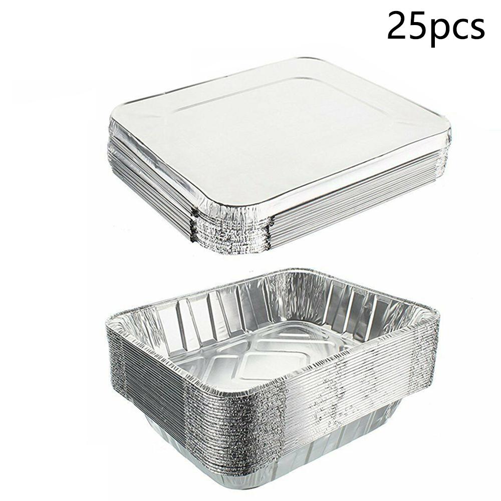 25pcs Foil Baking Trays Lids Catering Containers Food BBQ Storage Boxes Tins