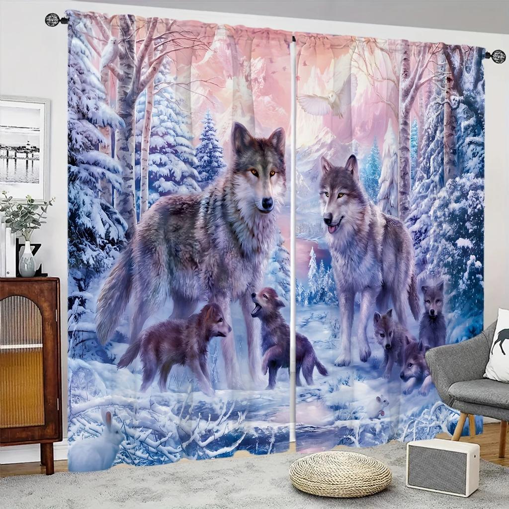 Elegant Snow Wolf Forest Patterned Printed Curtains Pole Bag Home Decoration Room Curtain Made Of Polyester