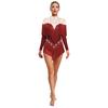 Stage Dance Bodysuit for Women - Latin Style with Tassels, Shiny Rhinestones & Sheer Mesh Long Sleeve Design
