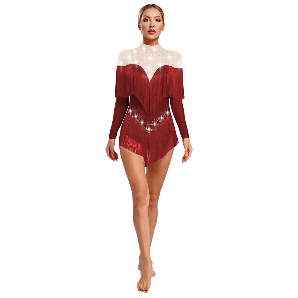 Stage Dance Bodysuit for Women - Latin Style with Tassels, Shiny Rhinestones & Sheer Mesh Long Sleeve Design
