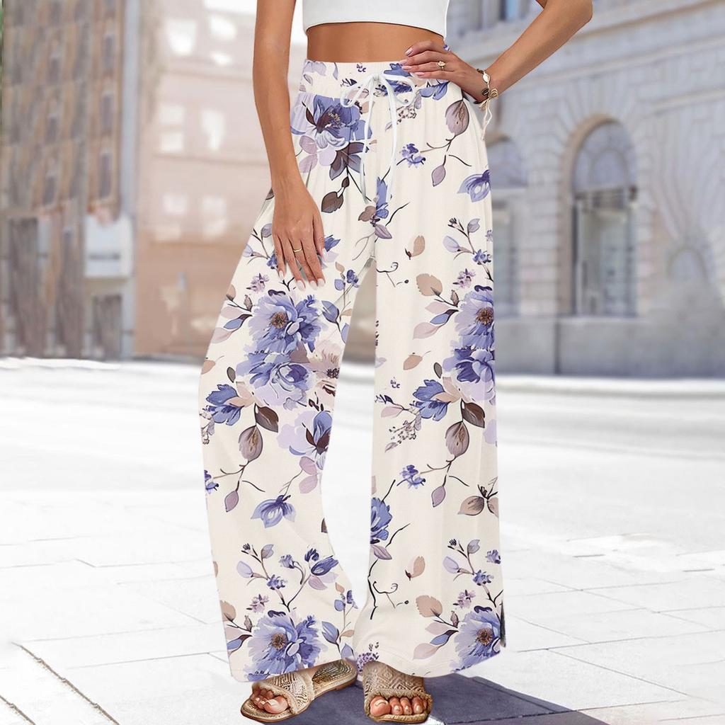 Women's Printed Wide Leg Pants With Pockets High Waist Drawstring Loose Casual Pants