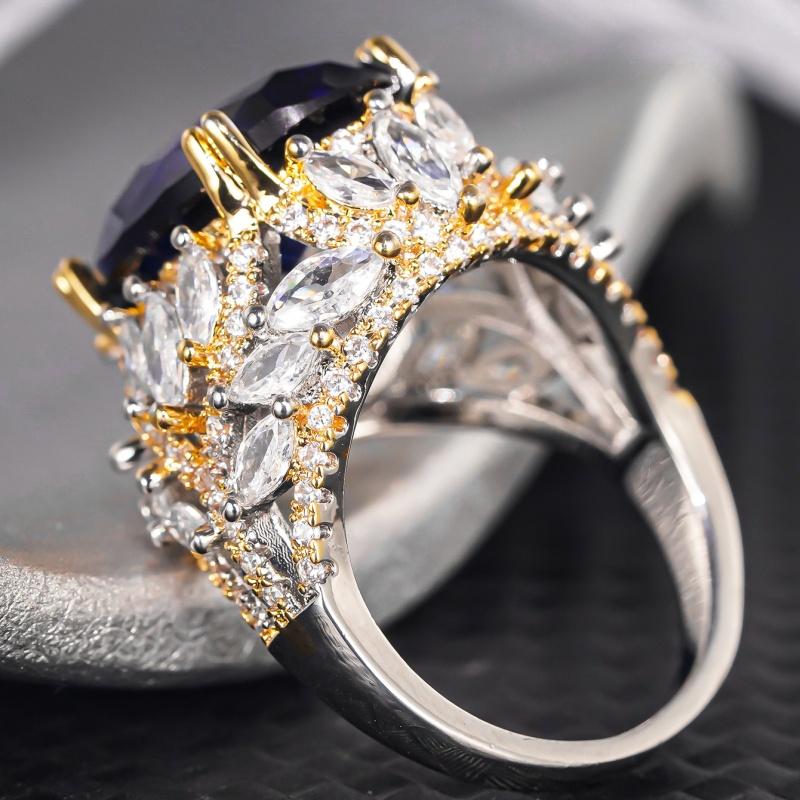 Huitan Women Two Tone Ring Gorgeous Inlaid Brilliant Blue CZ Noble Wedding Party Accessories Fancy Trendy Jewelry for Engagement