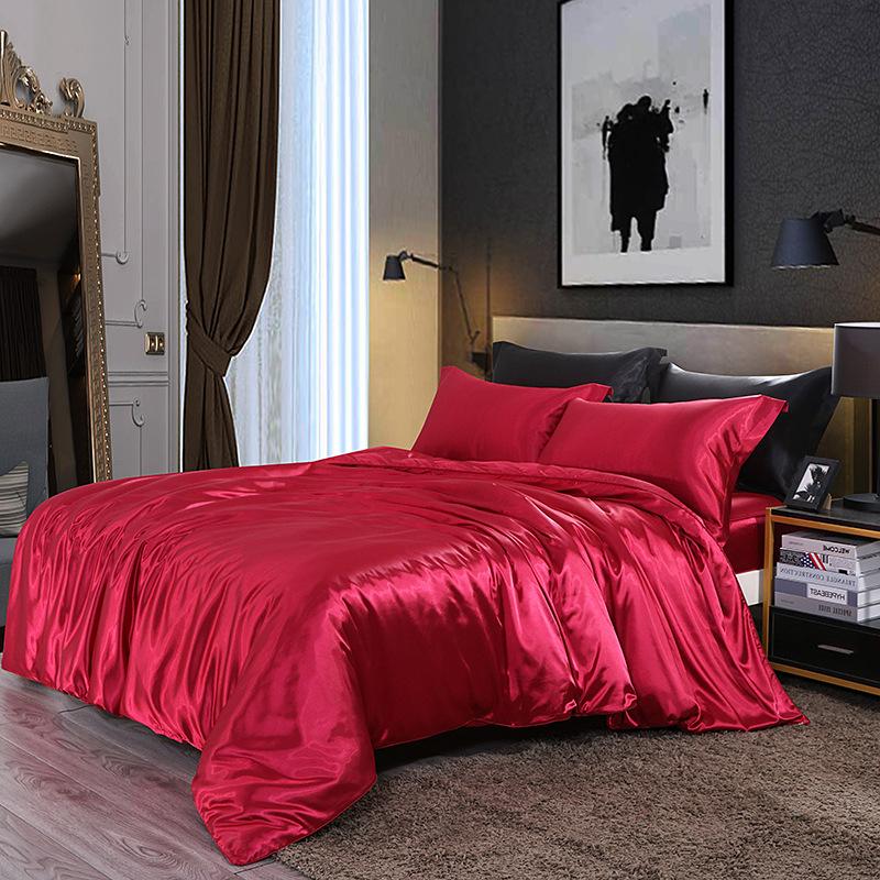 European Solid Color Mulberry Silk Bedding Sets Ice Silk Satin Cooling Bedclothes High Quality Skin-Friendly Smooth Duvet Kit