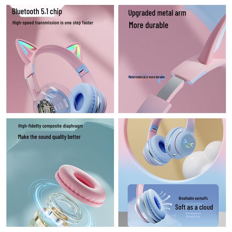 2025 Cat Ear Luminous Bluetooth Earphones with Long Battery Life & Stereo Sound