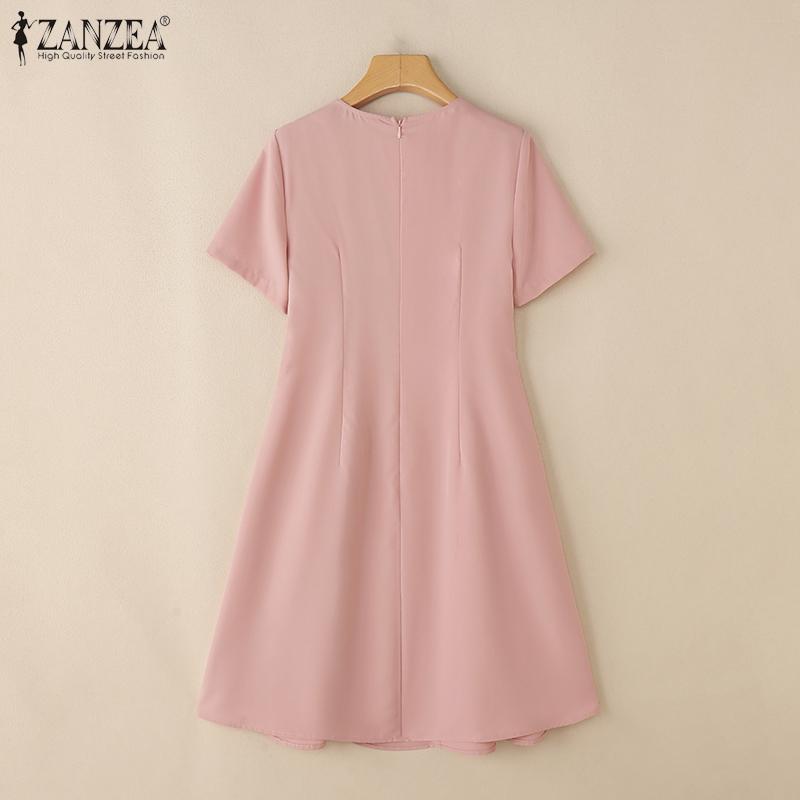 ZANZEA Women Summer Round Neck Short Sleeve Casual A-Line Dress