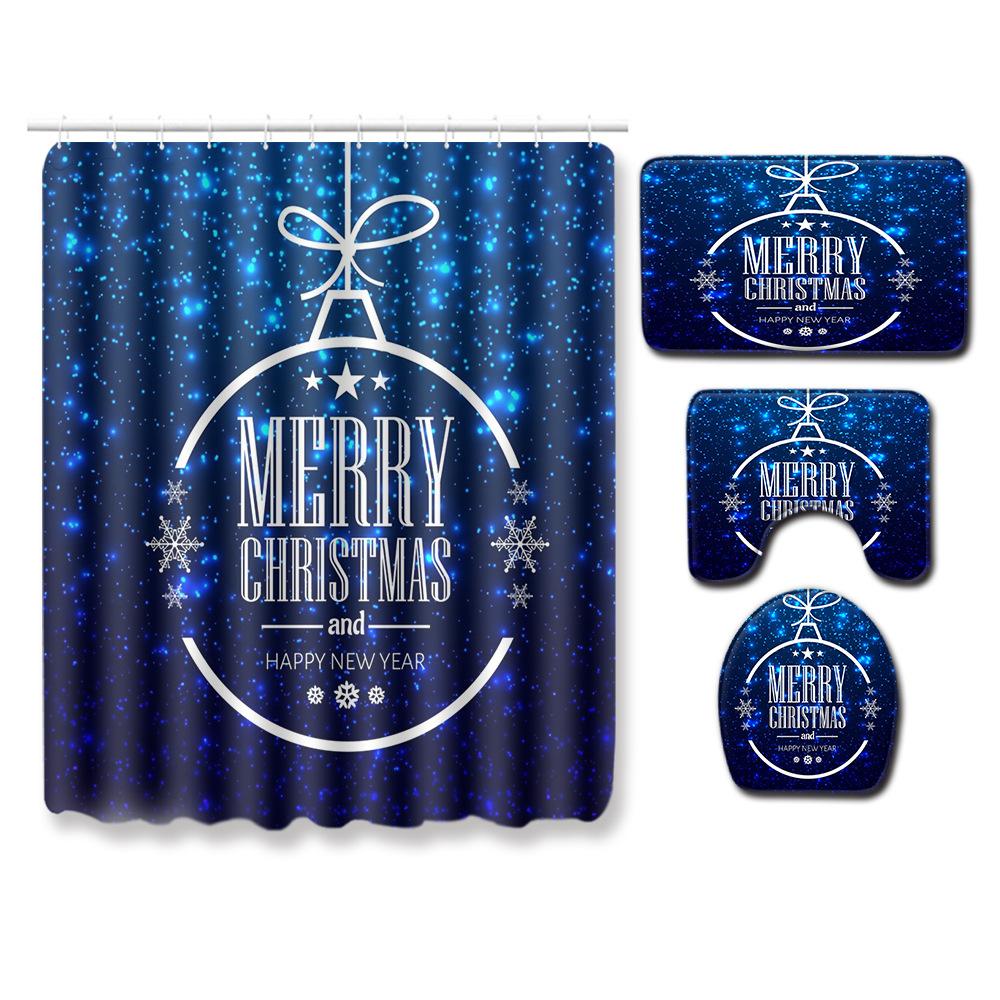Christmas Waterproof Shower Curtain Floor Mat Four-Piece Set, Bathroom Water-Absorbing Non-Slip Door Mat, Shower Room Water-Absorbing Carpet