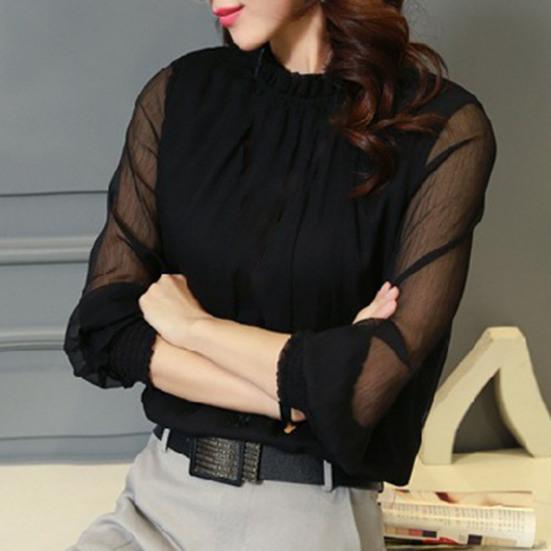 Blouse Perspective Net Mesh Sleeve Elastic Cuffs Women Shirt Top Elegant Ruffle Collar Solid Color Chiffon Spring