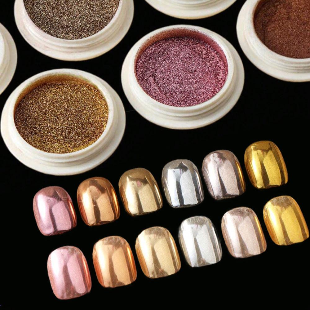6pcs Chrome Gold Silver Nail Powder Mirror Metallic Rubbing Nail Art Glitter Pigment Rose/Golden/Silvery/Brown Nail Chrome Dust