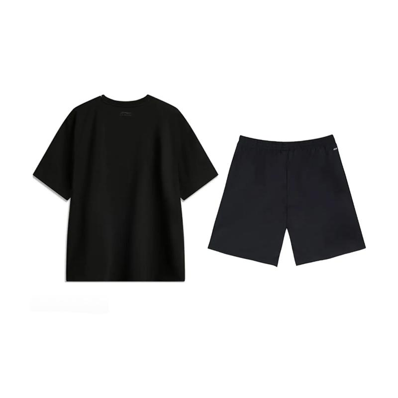 Li Ning Logo Print Fashion Skin-Friendly Comfortable Round Neck Pullover Short Sleeve T-Shirt Casual Sports Set Unisex Tops Black AHSU651-2+YKSV147-2