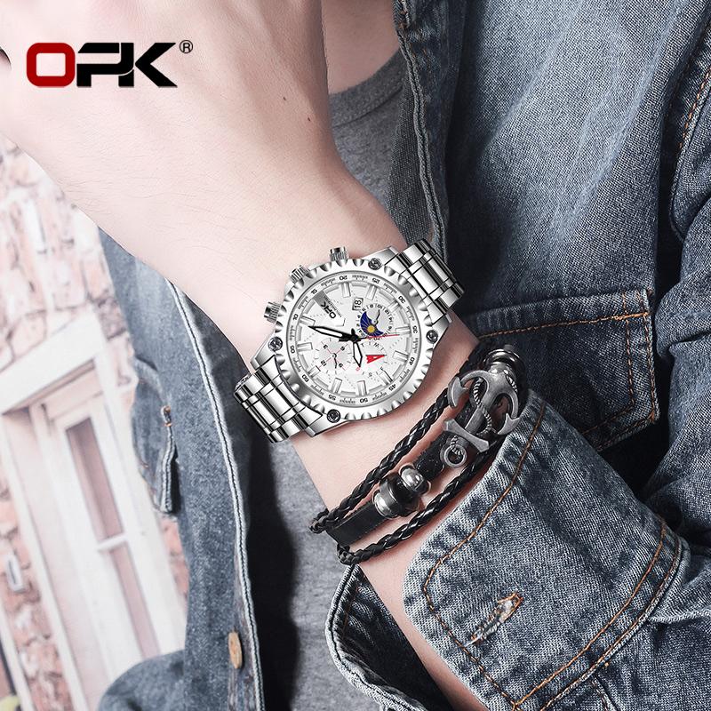 OPK 8129 Fashion Quartz Wristwatch for Man Calendar Luminous 24 Hour Moon Phase Steel Strap Waterproof Classic Men Watch