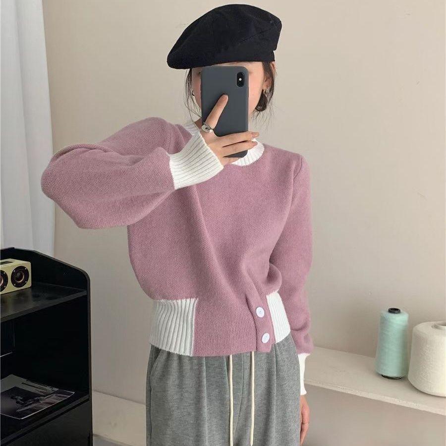 

Color Block Design Women s Autumn Winter Waist-Slimming Knit Sweater Top Elegant Crew Neck Fashion Button Base Layer S