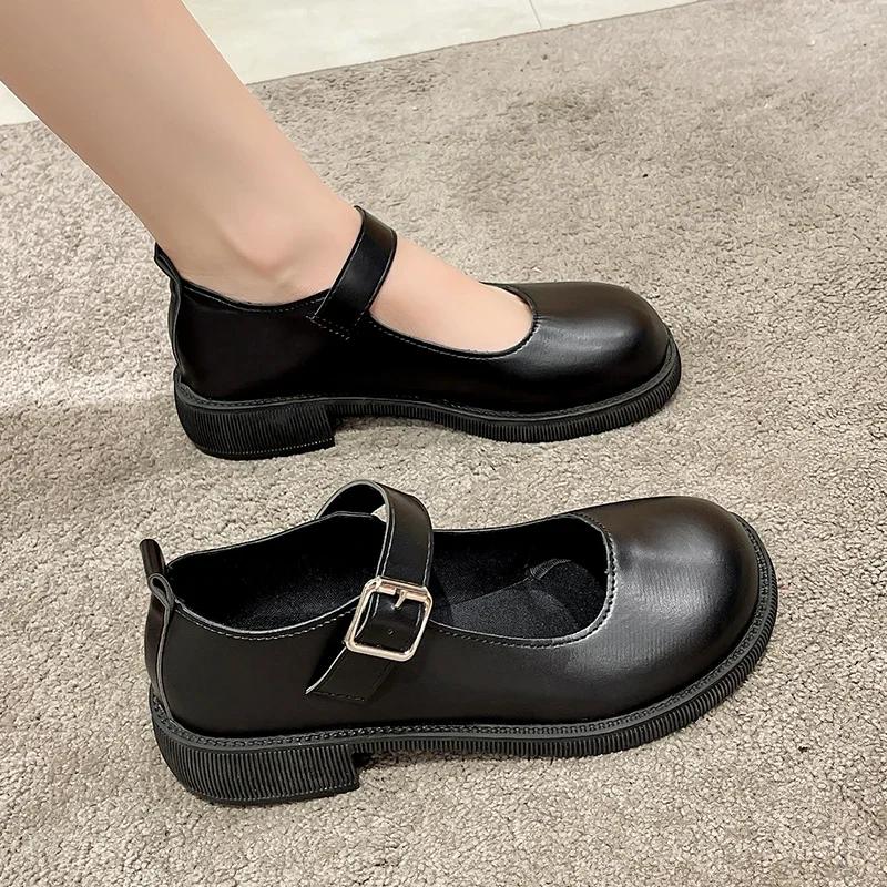 

preppy style patent leather Women s leather shoes Low Heel Round Toe Mary Jane Single Shoes with Ankle Buckle Leather Shoes 35 матовый черный