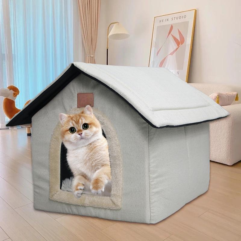 

Будка для домашних животных из льняной ткани Закрытая будка для кошек и собак на все времена года Вилла для кошек S 35*30*35cm