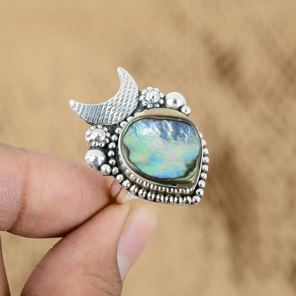 Natural Abalone Shell Promise Cresent Moon Adjustable Ring 925 Silver For Girls