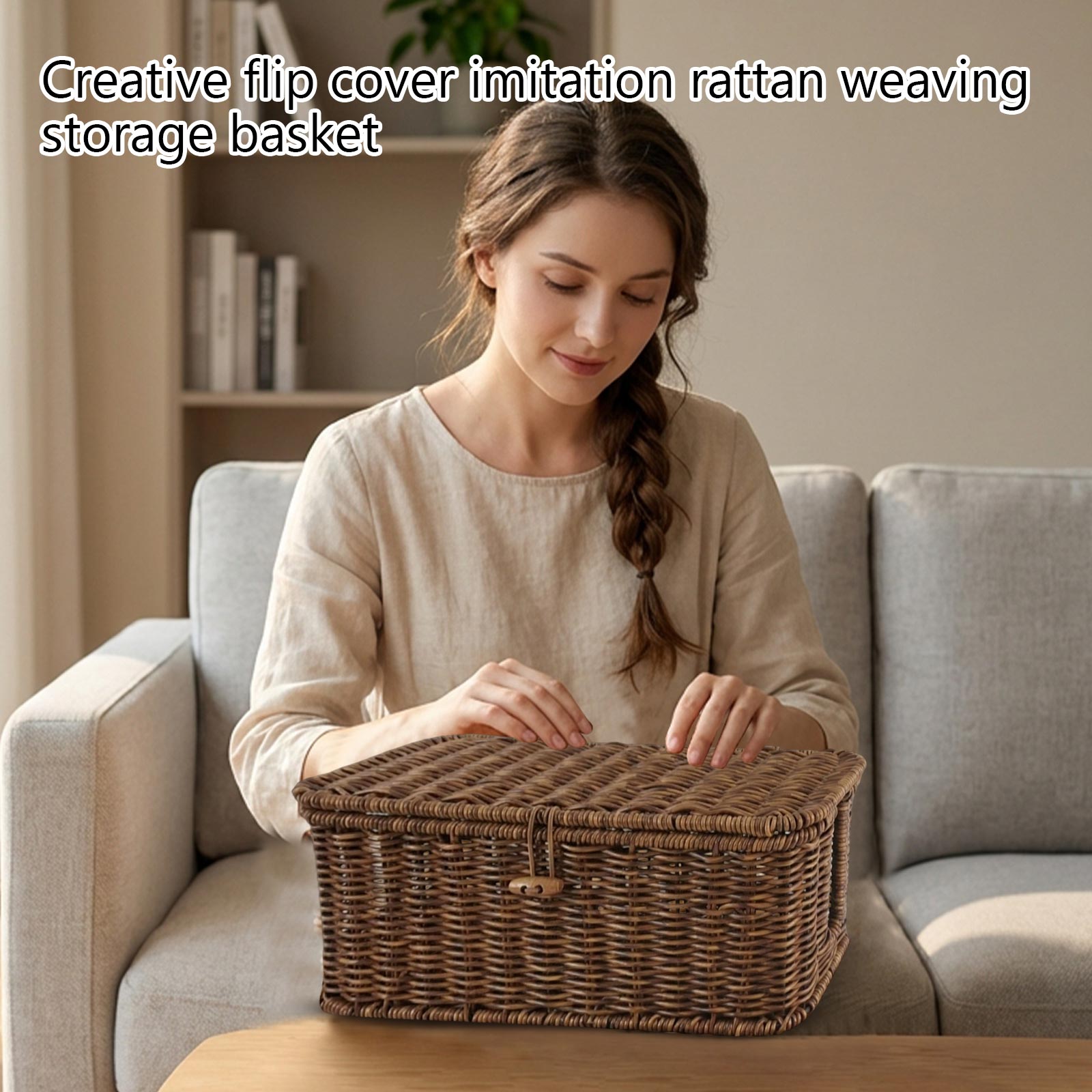 

Креативная плетеная корзина для хранения с откидной крышкой, имитация ротанга, настольный органайзер для дома, ящик для хранения игрушек One Size кофейный