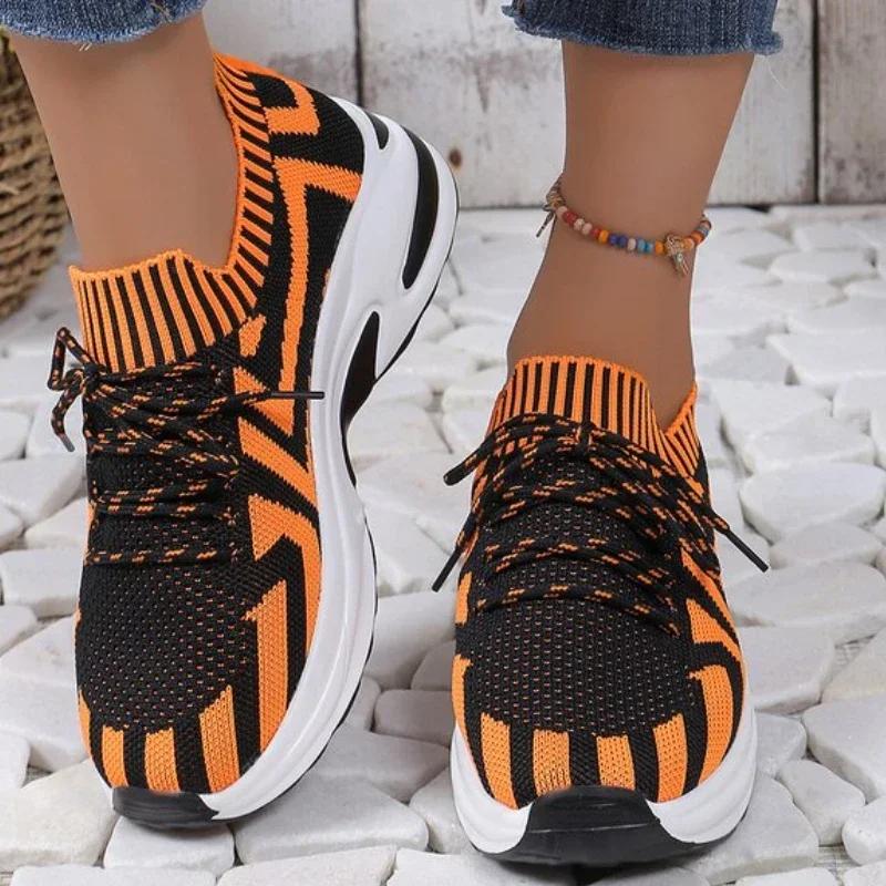 

Модная обувь на плоской подошве, вязаная, смешанных цветов, женская, супер-размера, дышащая, на шнуровке, для ходьбы, женская, осень 2025, повседневная, с мягкой подошвой, лоферы, мухер 43 оранжевый