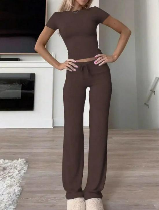 Spring 2026 Women's Solid Color Casual Two-Piece Set - Short Sleeve Top & Long Pants