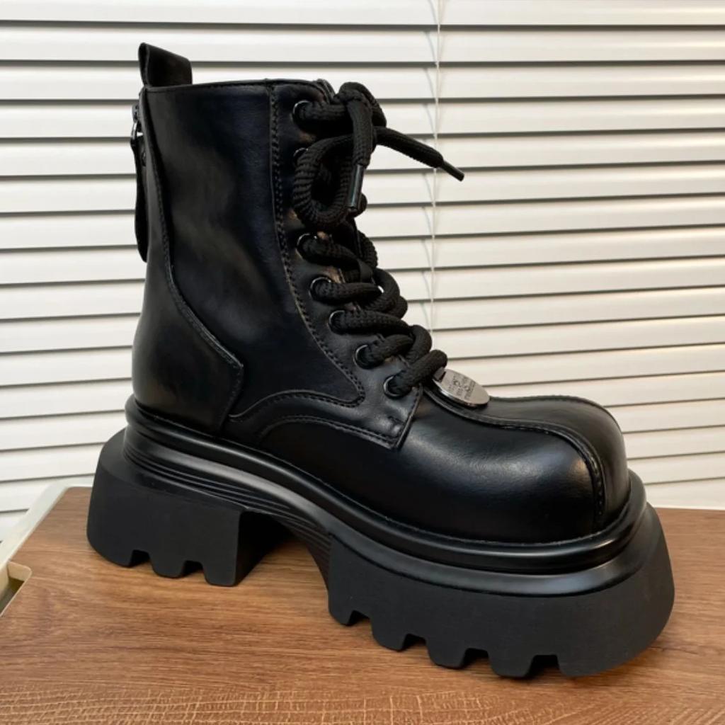 2025 Winter New Thick-Soled Chelsea Boots Black/brown Square Toe Platform Lace-Up Ankle Boots Breathable Punk Style Boot