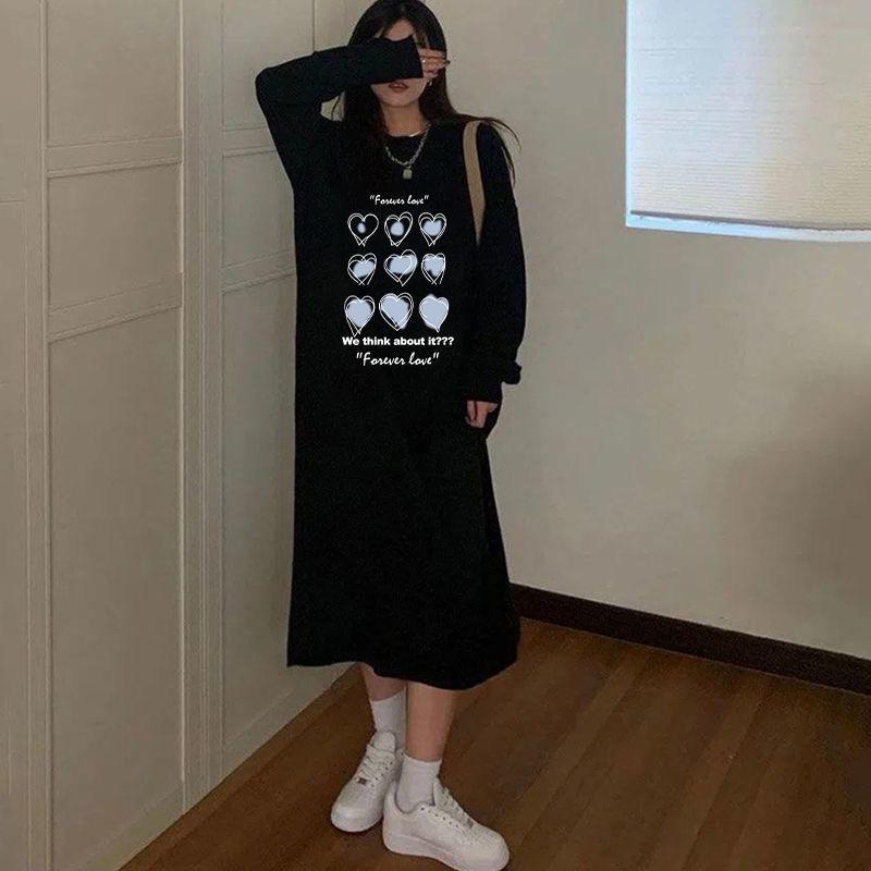 YYFS Women's Fashion Fall Winter Love Letter Print Long Sleeve O-Neck Loose Waistline Casual Dresses