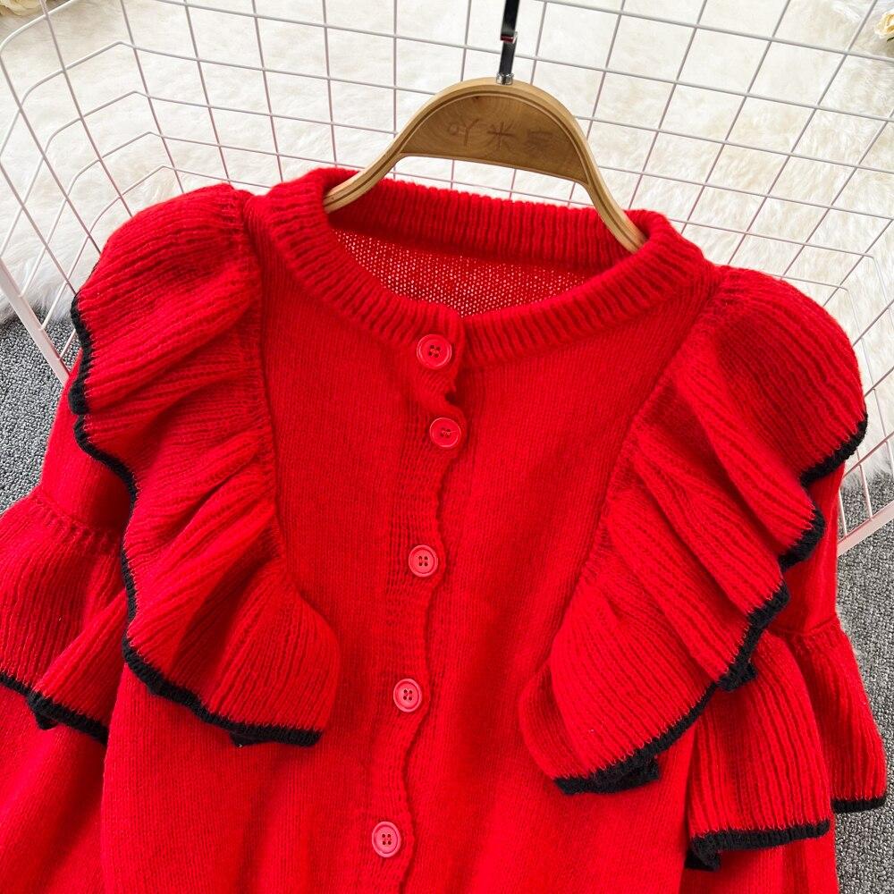 Fashionable Suit Female Retro Temperament Round Neck Ruffled Sweater Cardigan Jacket + High Waist Fish Tail Skirt Two Pieces