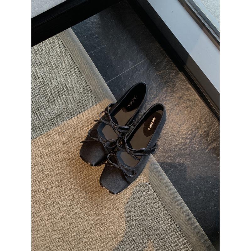Sheepskin~ Height increase 4cm bow square head versatile shallow mouth Mary Jane single shoes women's flat shoes
