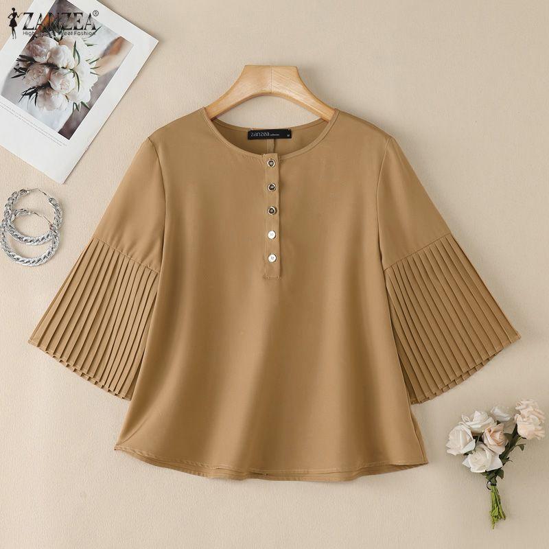 ZANZEA Women Casual Round Neck Solid Color 3/4 Sleeve Loose Blouse