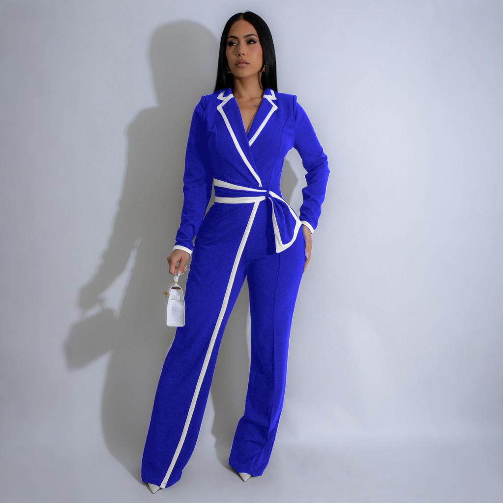 Europäischer & Amerikanischer Mode-Jumpsuit mit Gürtel, Patchwork, Langarm, Herbst/Winter-Stil