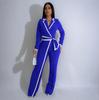 Europäischer & Amerikanischer Mode-Jumpsuit mit Gürtel, Patchwork, Langarm, Herbst/Winter-Stil