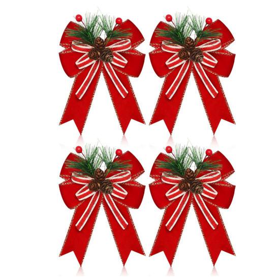Christmas Bows with Pine Cones Pine Needles Buffalo Plaid Ribbon Bows Christmas Tree Wreath Decoration for Gift Wrapping