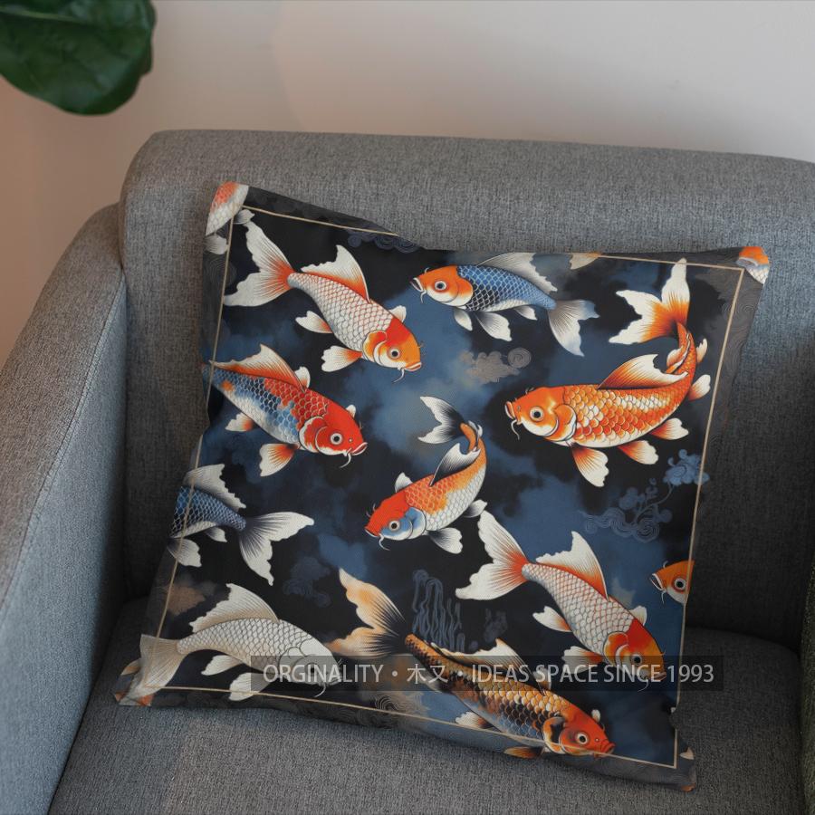 2D Vintage Koi Fish Pattern Decorative Throw Pillow Pattern Cushion Cover Suitable For Sofa Bedroom Car Pillow Cover