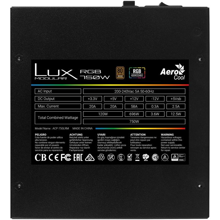 Alimentation Électrique - AEROCOOL - LUX 750M RGB - 750W - Semi-modulaire