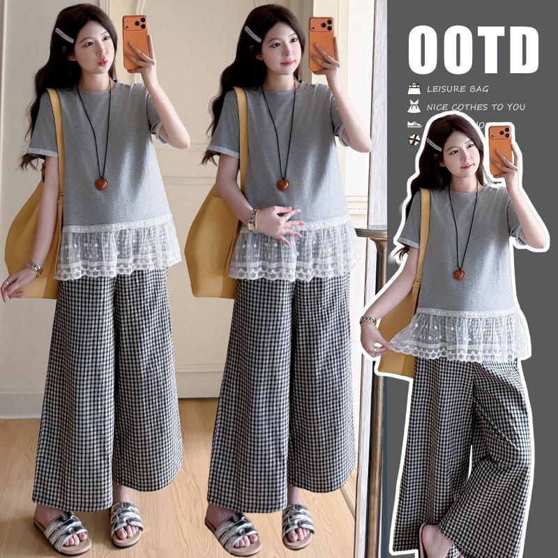 2026 Summer Maternity Casual Two-Piece Set: Korean Patchwork T-shirt + Plaid Wide-Leg Pants