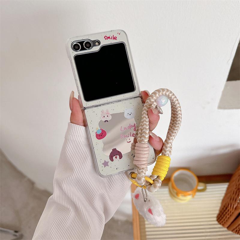 För Samsung Galaxy Z Flip 3 4 5 6 Fodral Flip6 ZFlip 6 ZFlip6 Söt rosett katt handrem spegel stöttåligt hårt skal