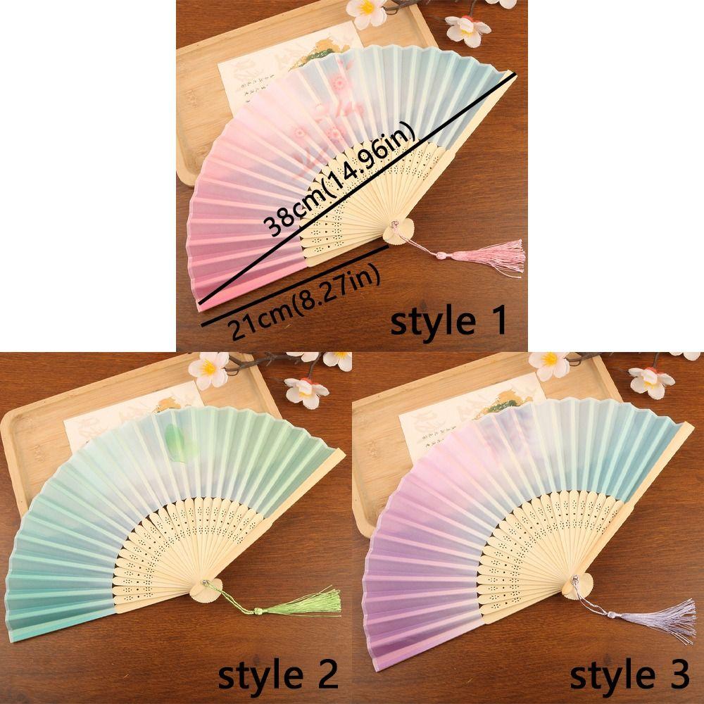 Portable Colorful Hand Folding Fan Traditional Wooden Handle Chinese Style Fan with Tassel Vintage Dance Fan Wedding Party