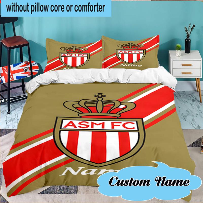 Custom Name Monaco Football Crest Bedding Set 3pcs, Bedding Set Including 1pc Duvet Cover And 2pcs Pillowcases for Bedroom, Dormitory Gift