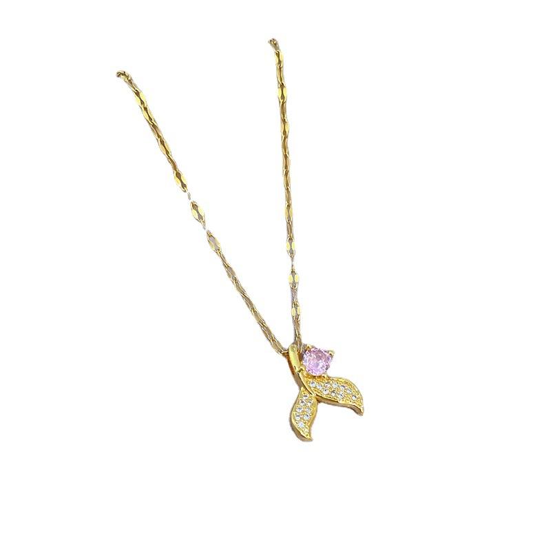 Light Luxury Full Diamond Micro-Inlaid Zircon Fishtail Pink Diamond Necklace Copper Electroplated Real Gold Pendant