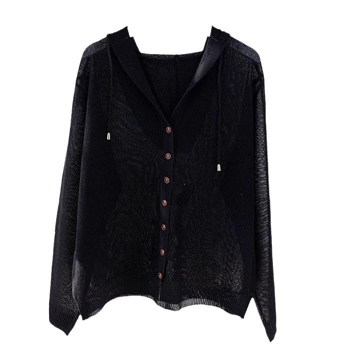 Ice Silk Knitted Cardigan Women's Coat Hooded Lace Up Sun Protection Jacket Shawl Spring and Summer Thin Style Solid Color Loose Fit