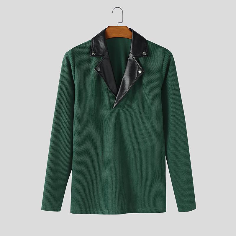 INCERUN Men V Neck PU Patchwork Long Sleeve Rib Stretch Pullovers Tops Undershirts